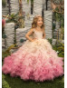 Beaded Ivory Lace Pink Tulle Ruffle Flower Girl Dress